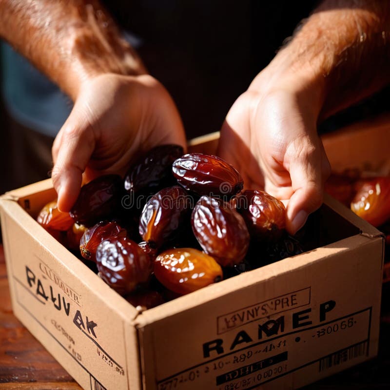 Close-up of hands holding dates into a box royalty free illustration