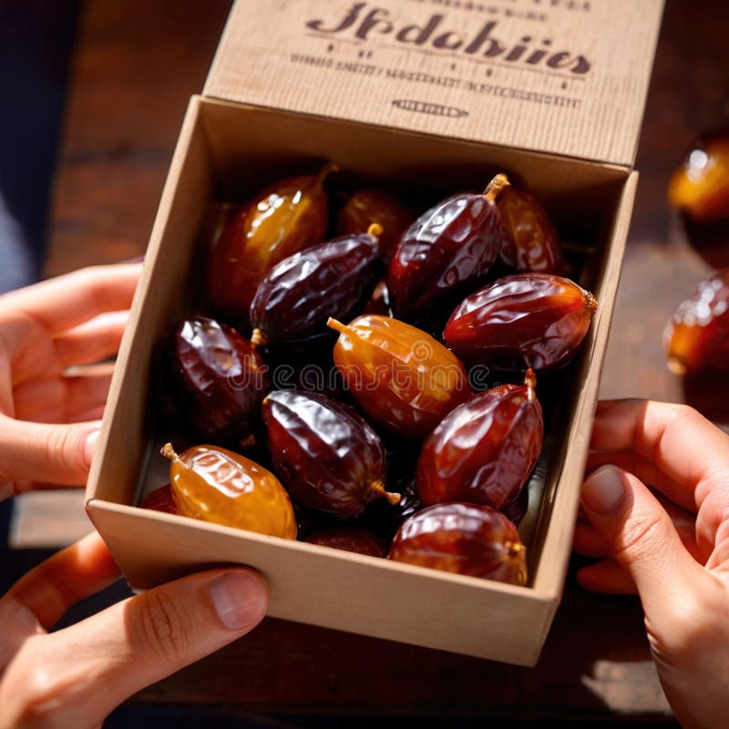 Close-up of hands holding dates into a box stock illustration