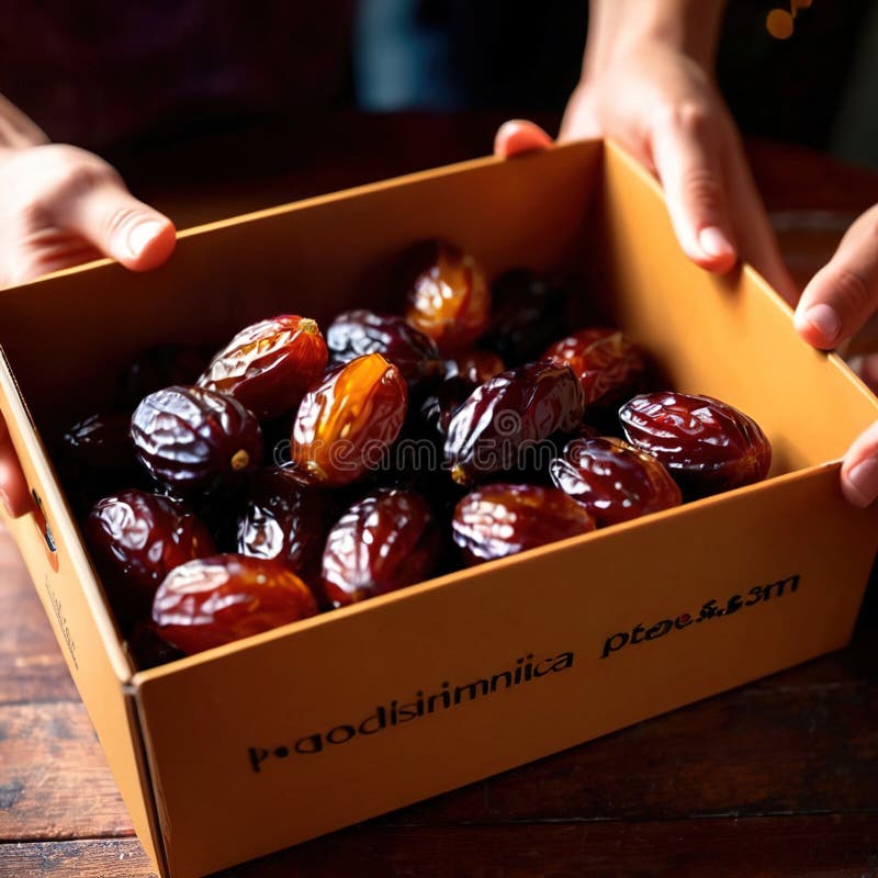 Close-up of hands holding dates into a box stock illustration