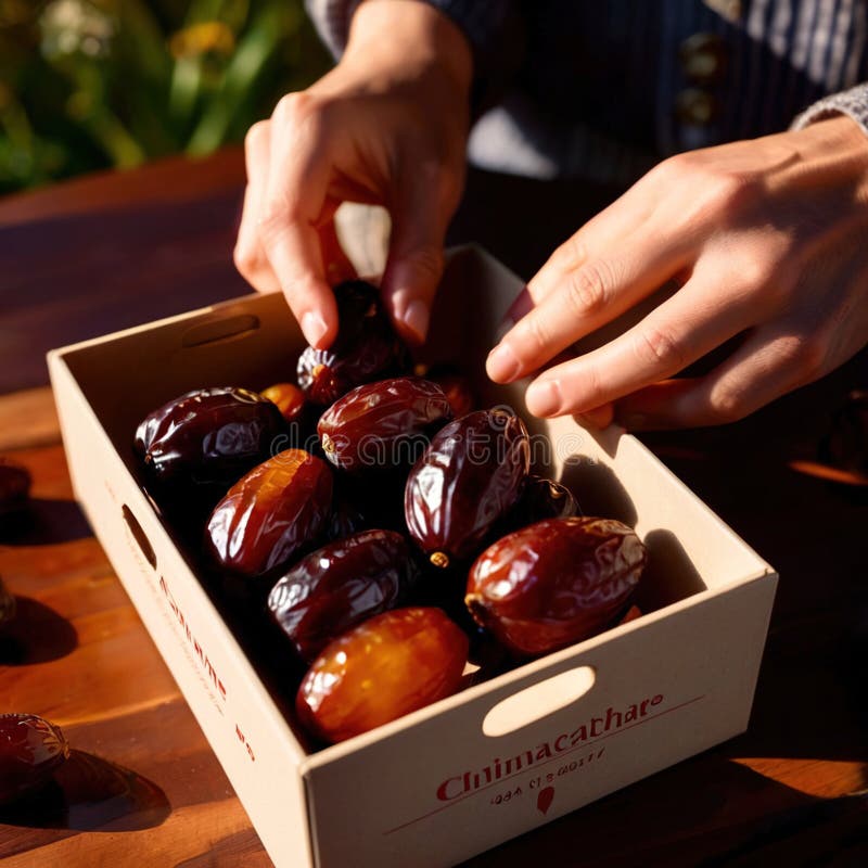 Close-up of hands holding dates into a box vector illustration