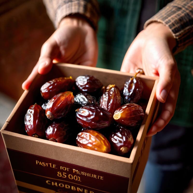 Close-up of hands holding dates into a box royalty free illustration