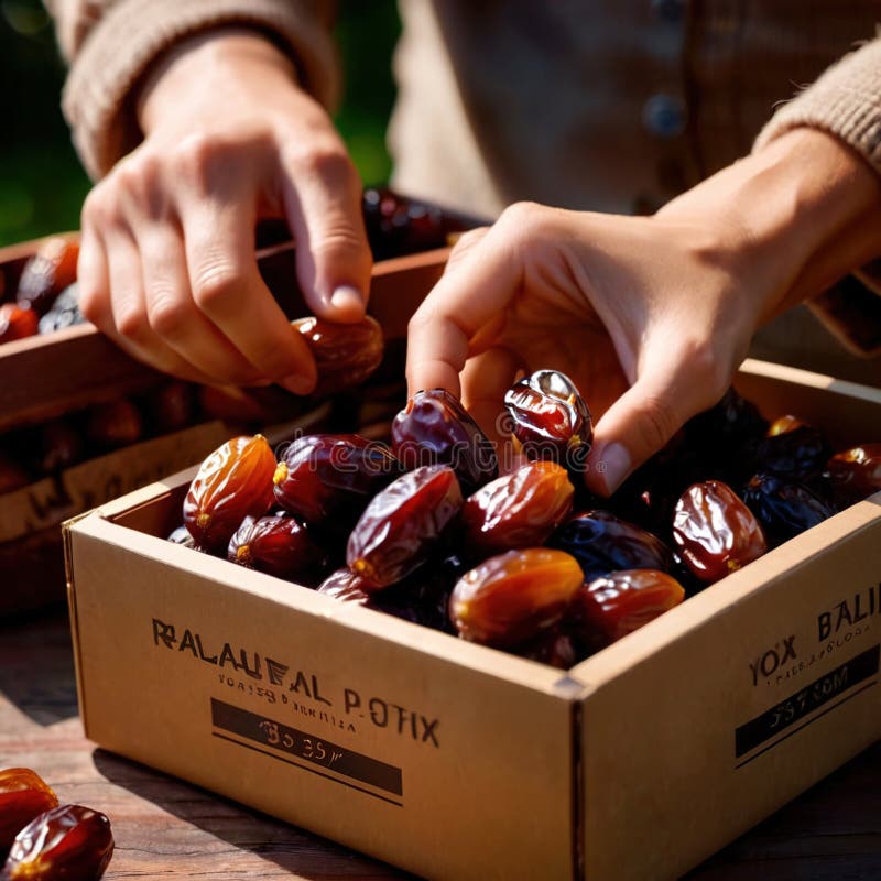 Close-up of hands holding dates into a box stock illustration