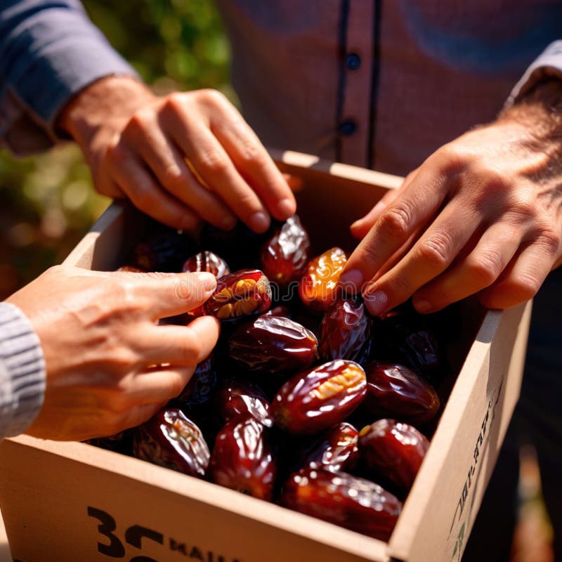 Close-up of hands holding dates into a box stock illustration