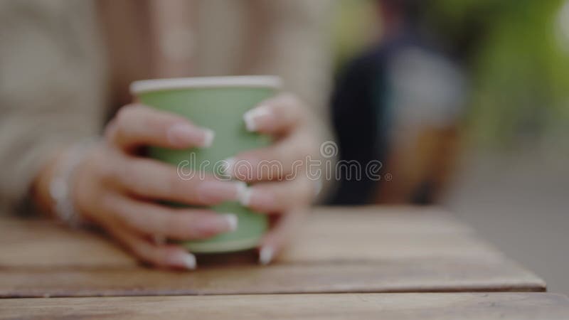 Close-Up of Hands Holding a Green Paper Cup in a Cafe Setting stock video