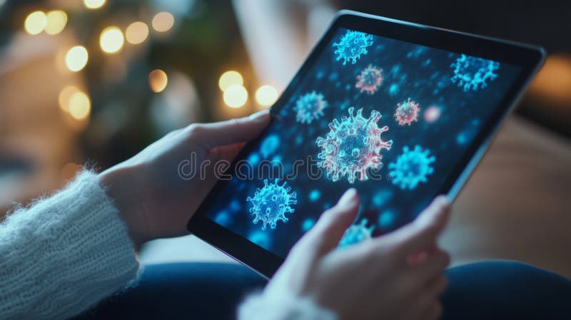 Close-up of hands holding an iPad with a digital display showing a virus and medical data, concept the use of technology in stock illustration