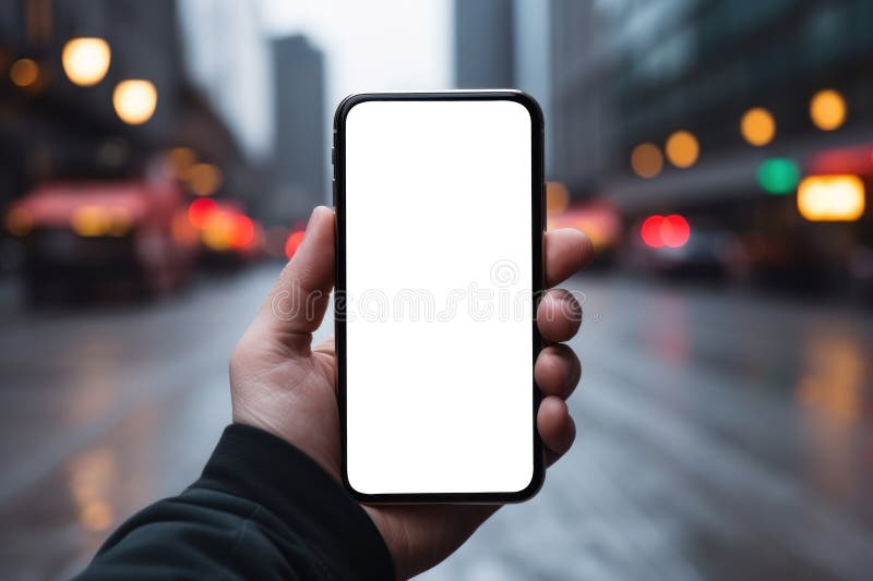 Close up hands holding a smartphone with blank. Generative AI vector illustration