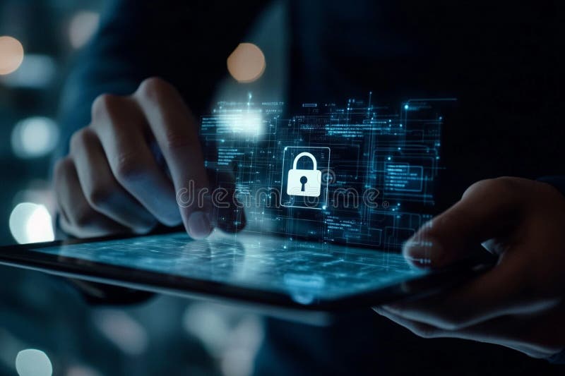 Cybersecurity concept with a digital padlock symbol on a futuristic interface held by a person on a tablet vector illustration