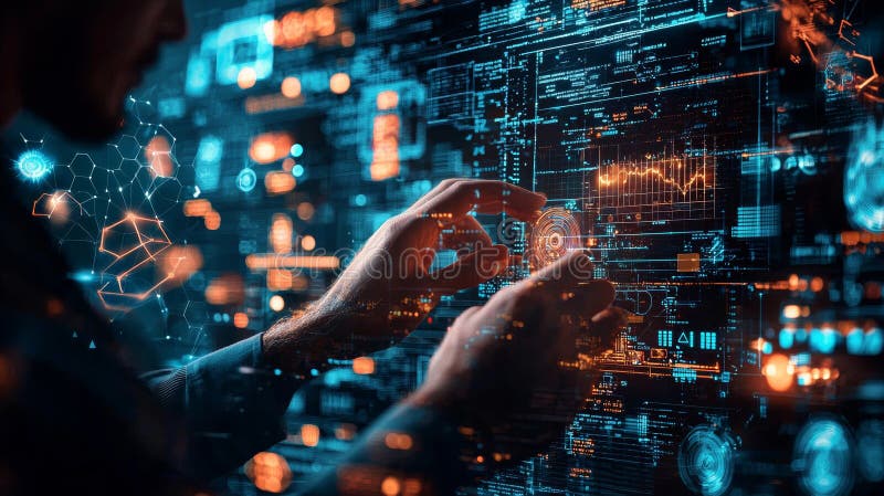 Hands Interacting with Futuristic Digital Interface royalty free stock photo