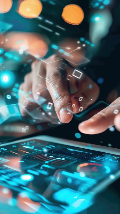 Close-up of hands interacting with a futuristic touchscreen interface, illustrating advanced technology and digital interaction royalty free stock photos