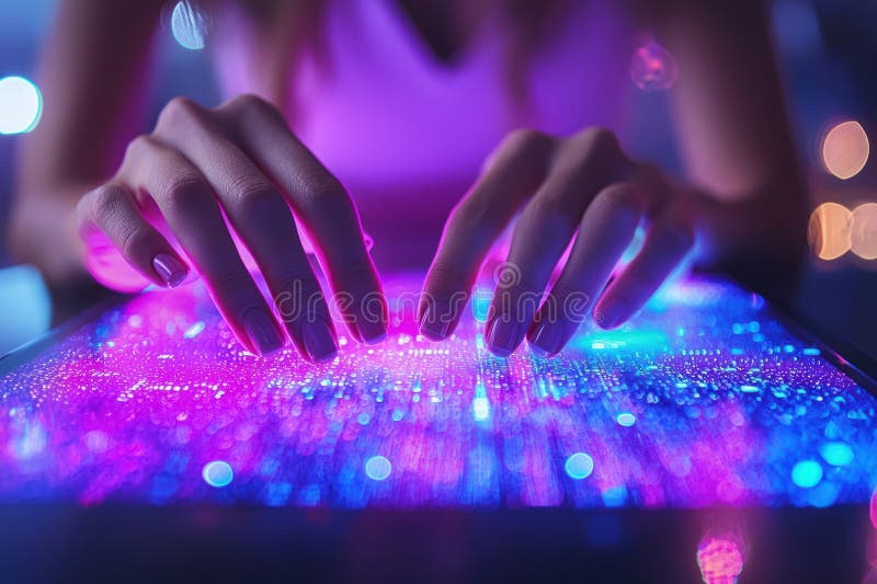 Close up of hands interacting with glowing technology, creating vibrant patterns royalty free stock photos