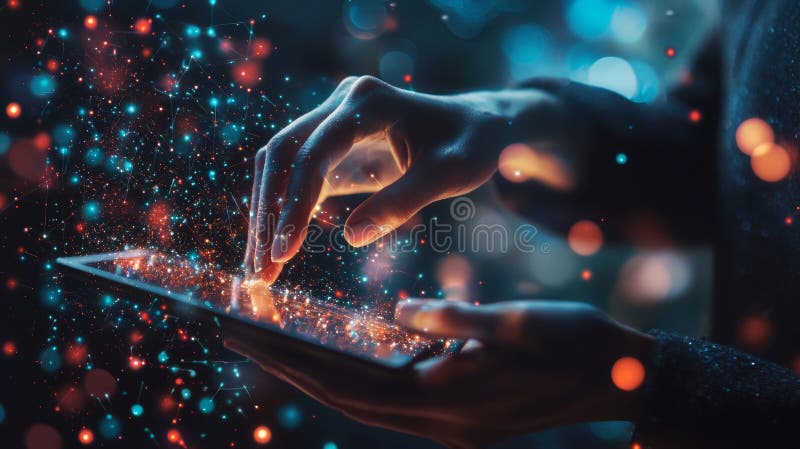 Close-up of hands interacting with a tablet emitting glowing data particles royalty free stock photo