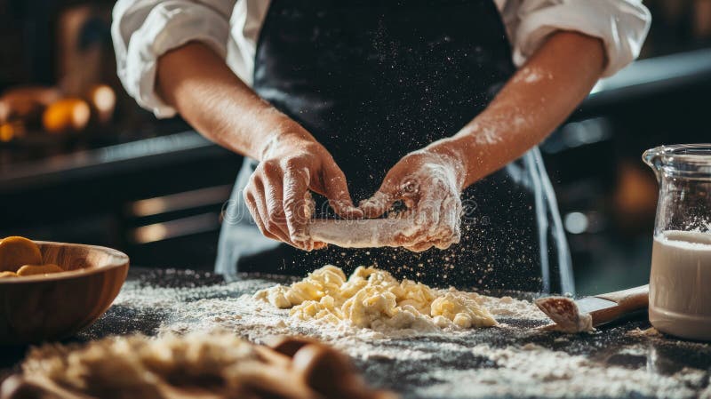 Hands making dough in flour-dusted kitchen stock photo