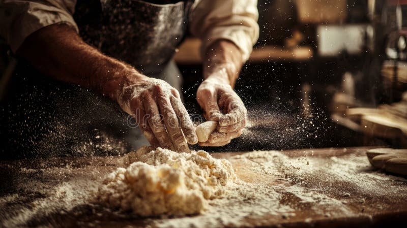Close-up of hands preparing dough in a rustic kitchen royalty free stock photo