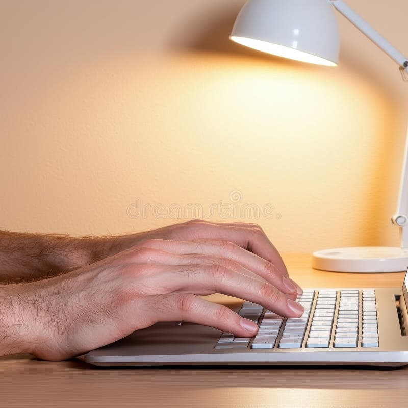 Close-up of hands skillfully typing complex AI aorithms on a sleek laptop keyboard, illuminated by warm desk lamp light royalty free stock image