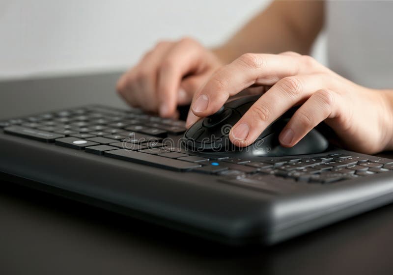 Close-up of hands typing and clicking on computer keyboard stock illustration