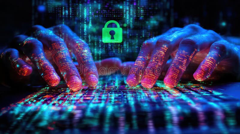 Close up of hands typing on keyboard with digital data and lock symbol, conveying cybersecurity and technology stock photos