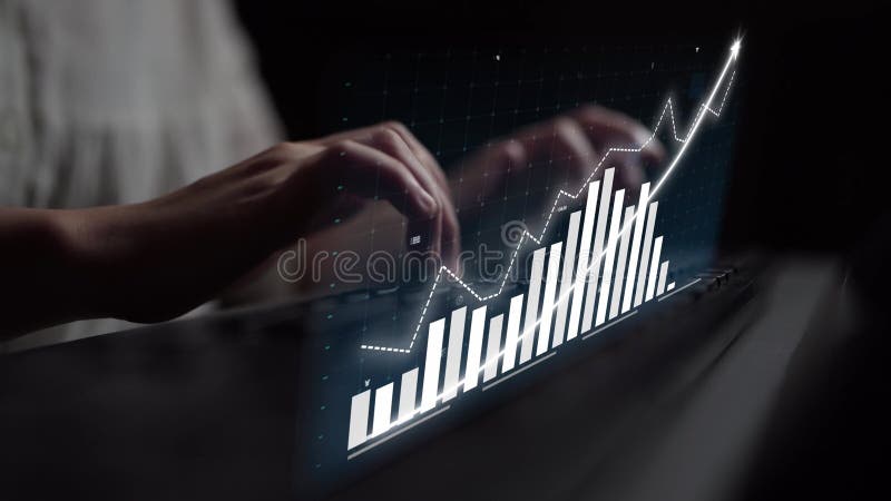 Hands Typing on Keyboard with Digital Graph and Financial Data Displayed on Screen in a Modern and Professional stock illustration