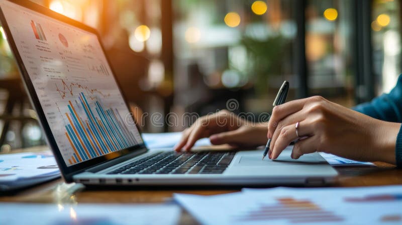Close-up of hands typing on a laptop with financial charts displayed royalty free stock photos