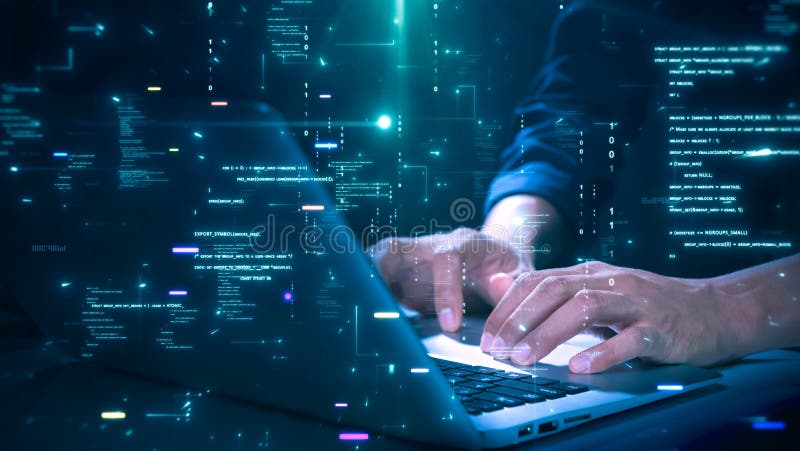 Close-up of hands typing on a laptop with glowing programming code and binary graphics, symbolizing cybersecurity technology stock illustration