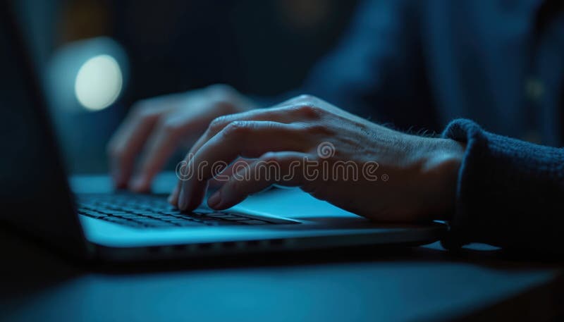 Close-up of hands typing on laptop keyboard at night. Man works on computer. Concept of coding, hacking, cyberspace security royalty free stock image