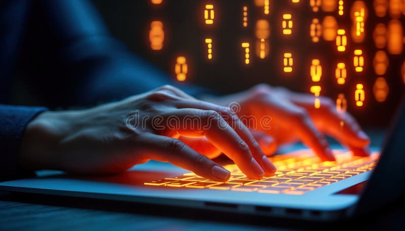 Close-up hands typing on laptop keyboard. Person working on digital marketing strategy. Hands actively handling content stock illustration