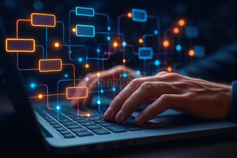 Close-up of hands typing on a laptop keyboard surrounded by glowing digital data and network connections stock illustration