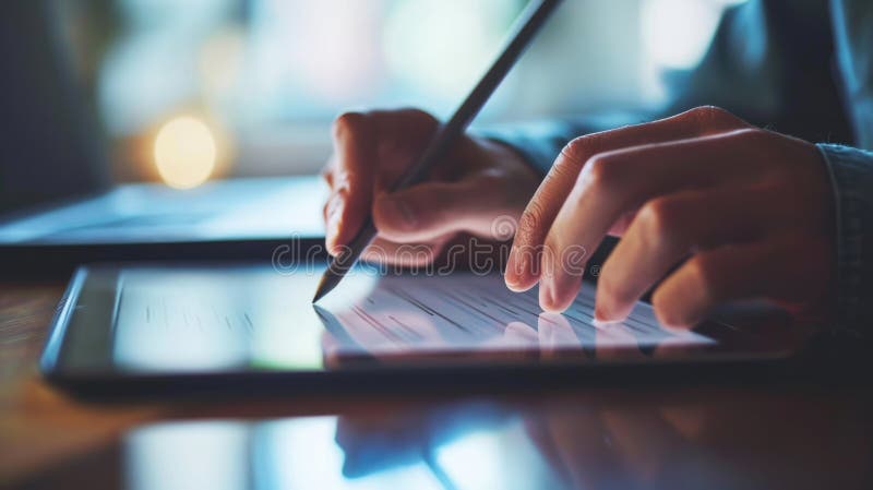 Close-up of hands using a digital tablet with a stylus pen, with a blurred background. stock photos.