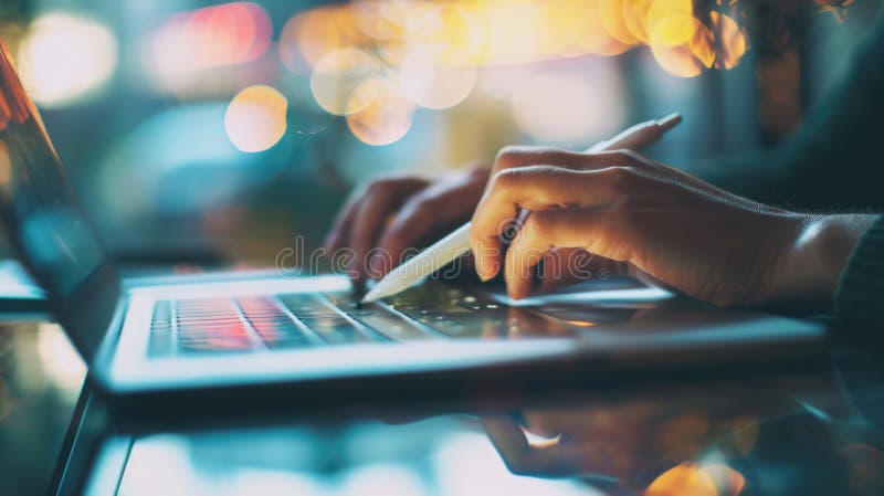 Close-up of hands using a digital tablet with a stylus pen, with a blurred background. stock photos.