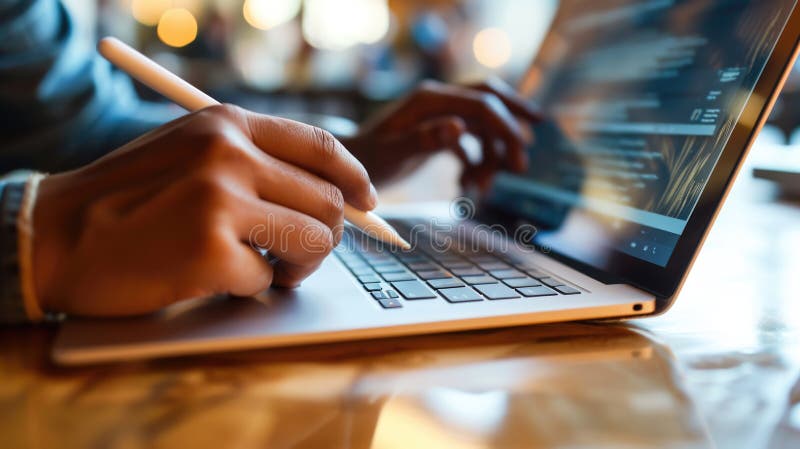 Close-up of hands using a digital tablet with a stylus pen, with a blurred background. stock image.