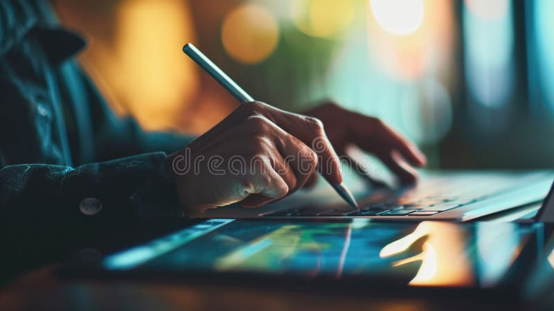 Close-up of hands using a digital tablet with a stylus pen, with a blurred background. stock image.