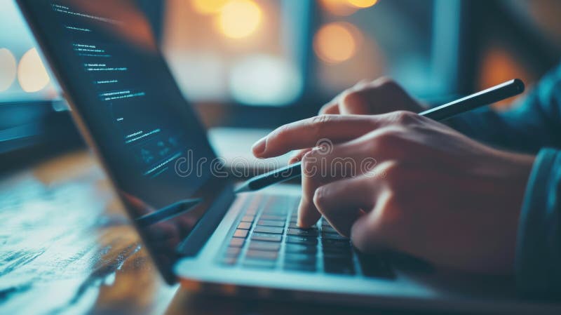 Close-up of hands using a digital tablet with a stylus pen, with a blurred background. royalty free stock image.