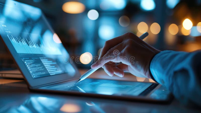 Close-up of hands using a digital tablet with a stylus pen, with a blurred background. royalty free stock image.