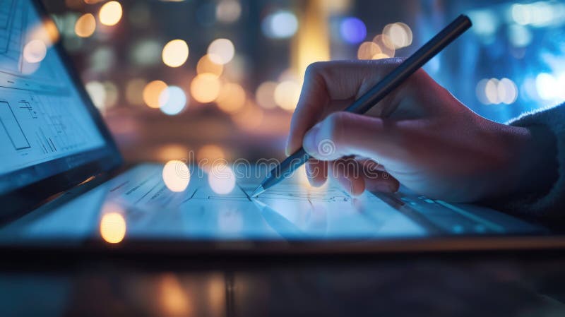 Close-up of hands using a digital tablet with a stylus pen, with a blurred background. stock photos.