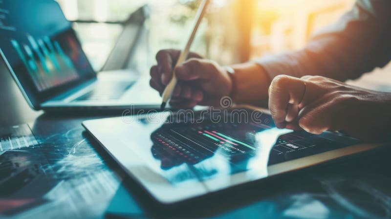 Close-up of hands using a digital tablet with a stylus pen, with a blurred background. royalty free stock image.