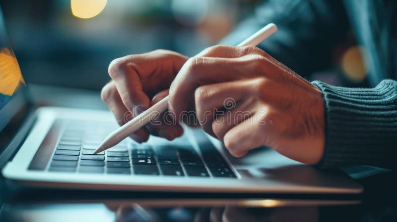 Close-up of hands using a digital tablet with a stylus pen, with a blurred background. royalty free stock photography.