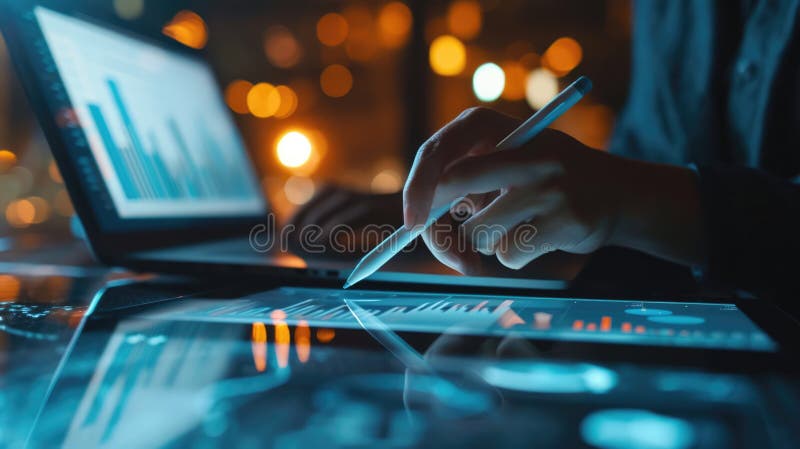 Close-up of hands using a digital tablet with a stylus pen, with a blurred background. royalty free stock images.