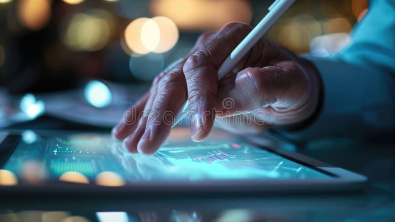 Close-up of hands using a digital tablet with a stylus pen, with a blurred background. stock image.