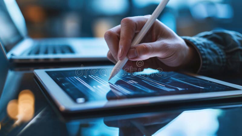 Close-up of hands using a digital tablet with a stylus pen, with a blurred background. royalty free stock photo.