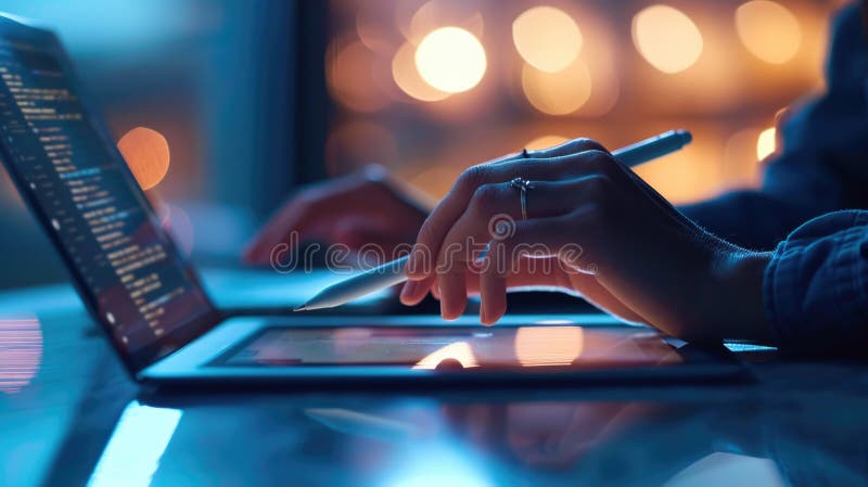 Close-up of hands using a digital tablet with a stylus pen, with a blurred background. stock photos.