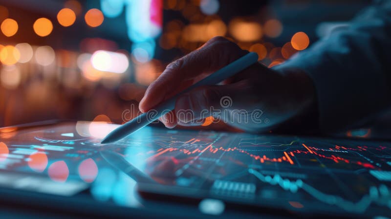 Close-up of hands using a digital tablet with a stylus pen, with a blurred background. stock image.