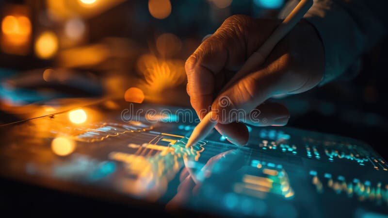 Close-up of hands using a digital tablet with a stylus pen, with a blurred background. stock photography.