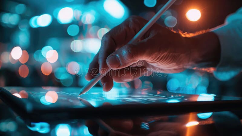 Close-up of hands using a digital tablet with a stylus pen, with a blurred background. royalty free stock photo.