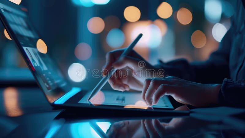 Close-up of hands using a digital tablet with a stylus pen, with a blurred background. stock image.