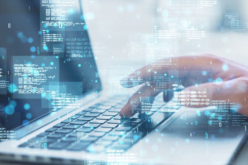 Close up of hands using laptop with creative binary coding hologram on blurry background. Software programming code. Double stock photography
