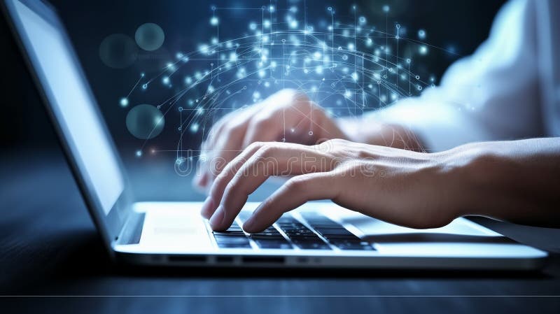 Close up of hands using laptop with global connection and data transformation concept royalty free illustration