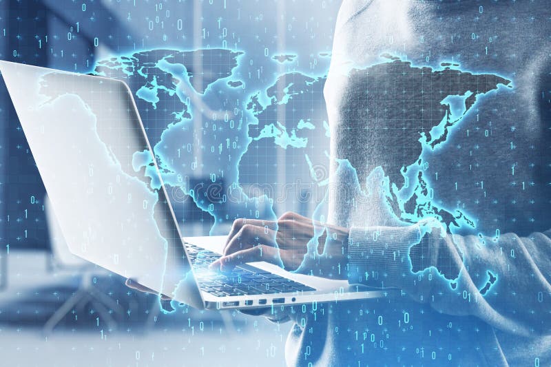 Close up of hands using laptop with glowing binary code map hologram on blurry office interior background. Software and global stock photography
