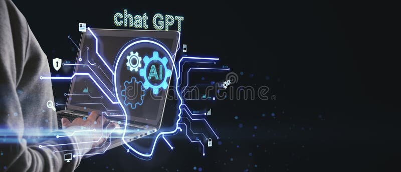 Close up of hands using notebook with glowing head outline, ai circuit and other icons on wide black background with mock up place