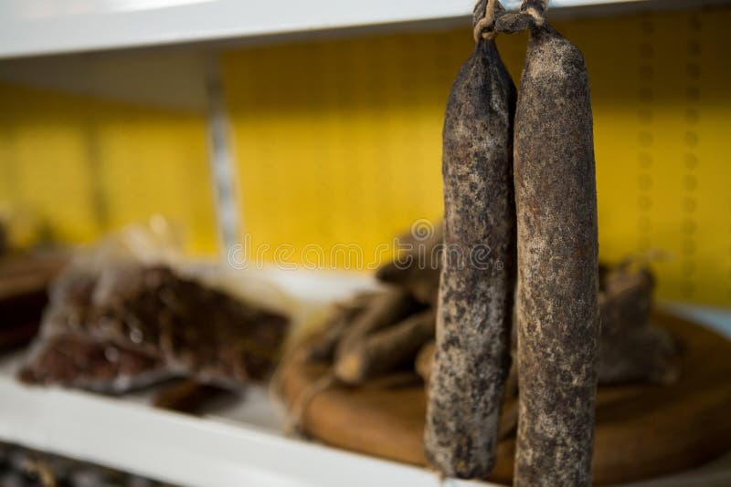 Dry hanging sausage stock photo. Image of delicacies 100263088