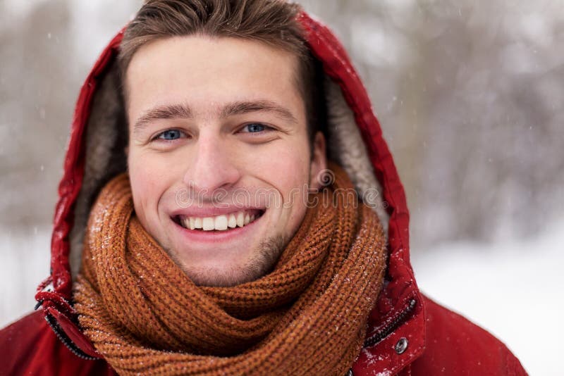 Close Up of Happy Man in Winter Jacket with Hood Stock Image - Image of ...