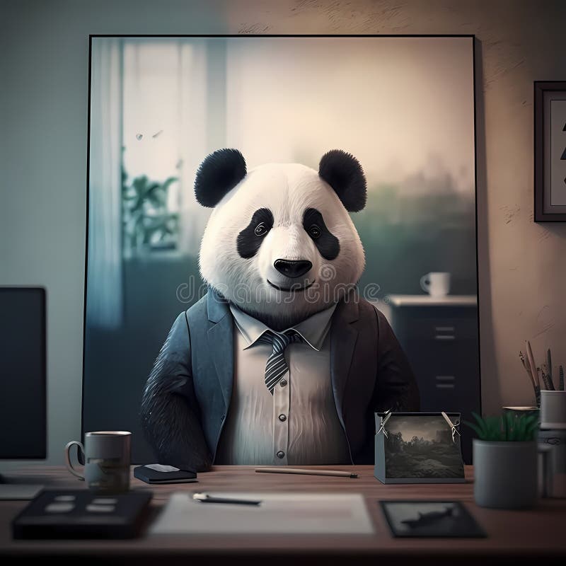Happy Panda Businessman Frame In Office. Generative AI royalty free illustration